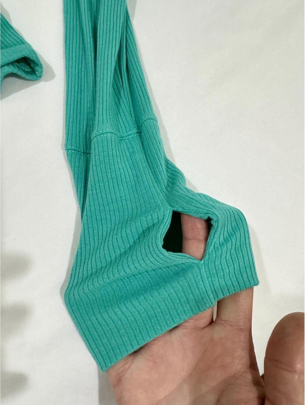 Aerie OFFLINE Teal Ribbed Modal Crop Top Long Sleeve Bow Thumbholes Large - Picture 7 of 9